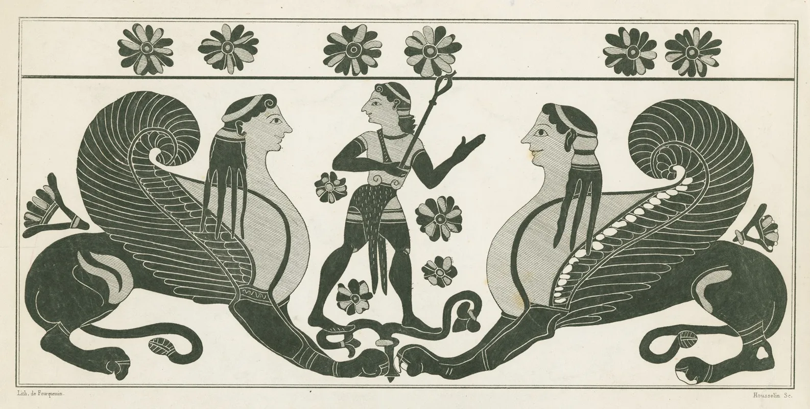 A Youthful Hermes Stands On A Plant Between Two Crouching Sphinxes Wall Art by Alexis Louis Pierre Housselin - High-Resolution Digital Print