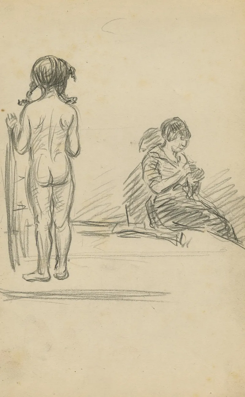 Aan De Linkerkant Ziet Men Een Naakt Meisje Op Haar Achterkant En Rechts Ziet Men Een Zittende Vrouw