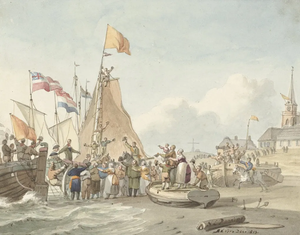Aankomst Van Prins Willem Frederik Te Scheveningen 30 November 1813 Wall Art by Nicolaes Lodewick Penning - High-Resolution Digital Print
