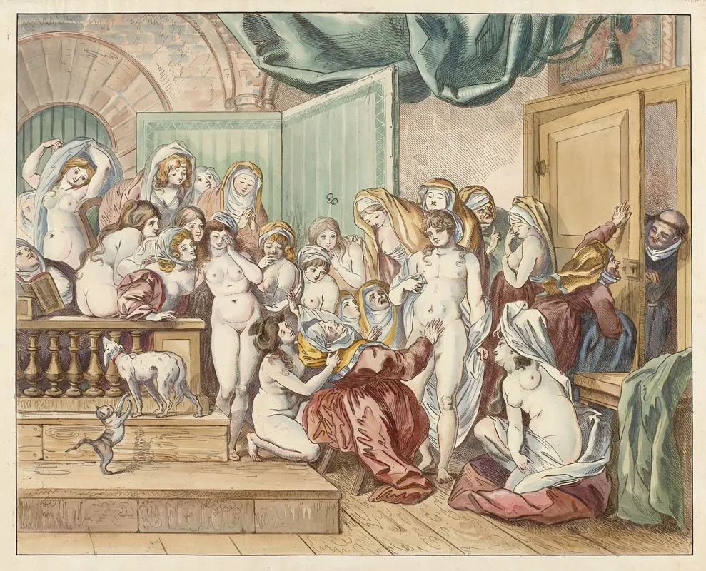 Abdes Discovers A Young Man Among Her Undressed Nuns 2 Wall Art by Johann Heinrich Ramberg - High-Resolution Digital Print