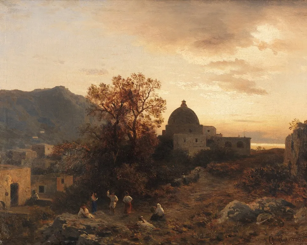 Abendstimmung An Der Italienischen Kuste Mit Tanzenden Figuren