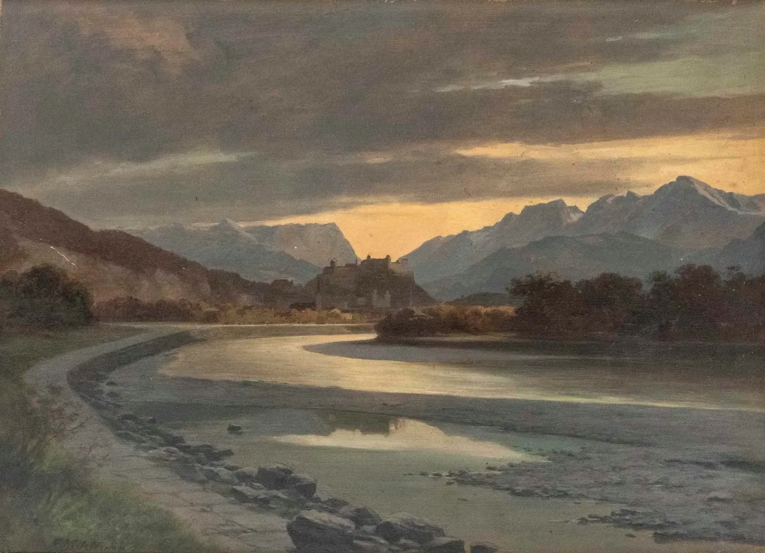 Abendstimmung In Salzburg Vom Salzachufer Bei Bergheim Wall Art by Franz Kulstrunk - High-Resolution Digital Print
