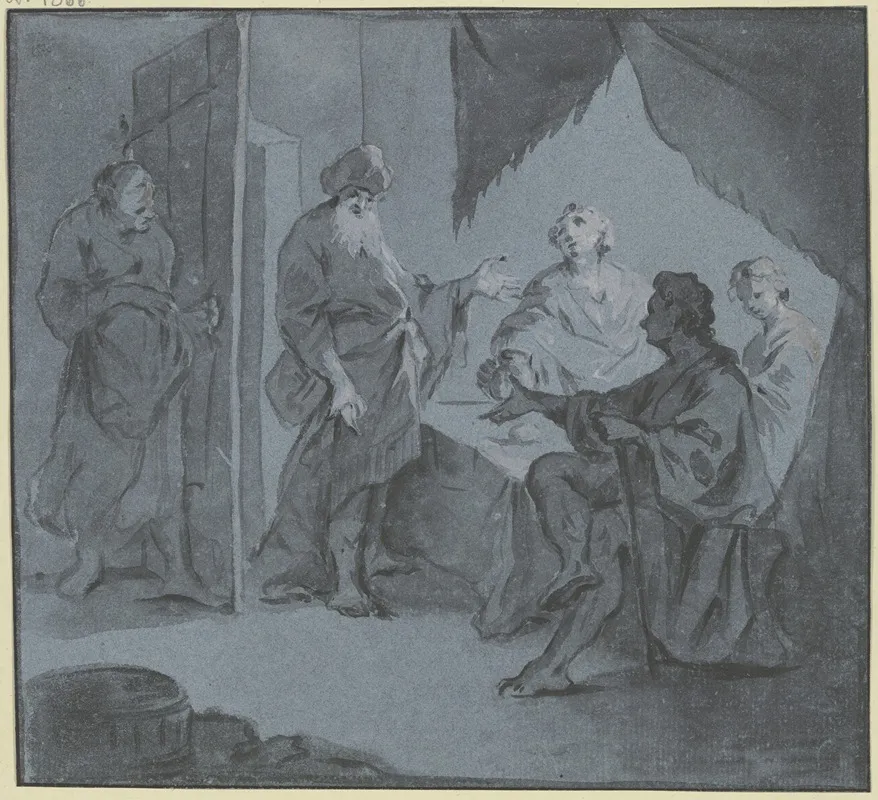 Abraham Bewirtet Die Drei An Einem Tisch Sitzenden Engel Links An Der Tur Lauscht Sara