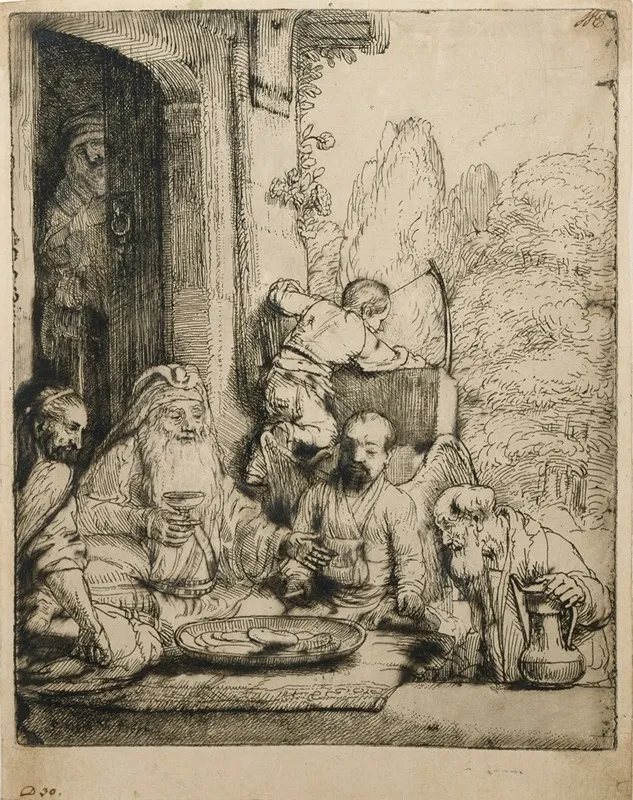 Abraham Entertaining The Angels Wall Art by Rembrandt van Rijn - High-Resolution Digital Print