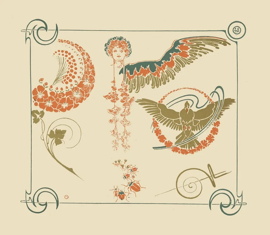Abstract Design Based On Flowers Angels Birds Beetles Wall Art by Alphonse Mucha - High-Resolution Digital Print