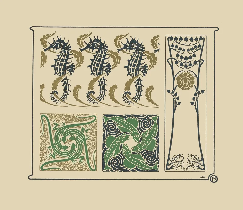Abstract Design Based On Seahorses Fish Lizards Tiny Leaves Wall Art by Maurice Pillard Verneuil - High-Resolution Digital Print