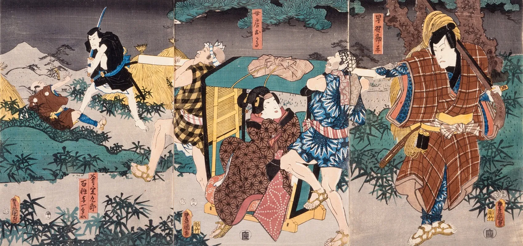 Act V Of Series The Storehouse Of Loyal Retainers A Primer With The Characters Hayano Kanpei Shigenji His Wife Okaru Onosada Kuro And Farmer Yoichibei Wall Art by Utagawa Kunisada (Toyokuni III) - High-Resolution Digital Print