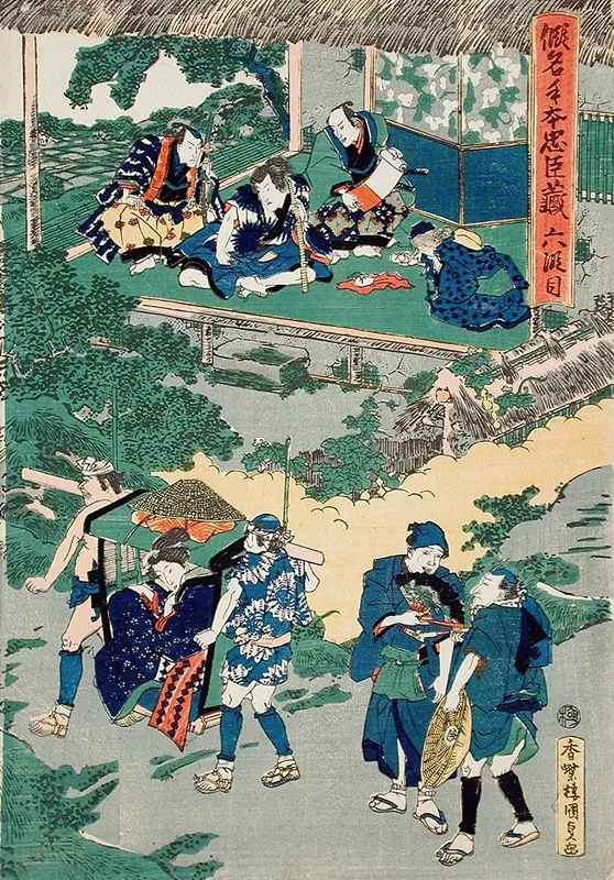 Act Vi Kampei Signing The Roll Of The Forty Seven Ronin Okaru After Being Sold Is Taken By Palanquin To Kyoto Brothel Wall Art by Utagawa Kunisada (Toyokuni III) - High-Resolution Digital Print