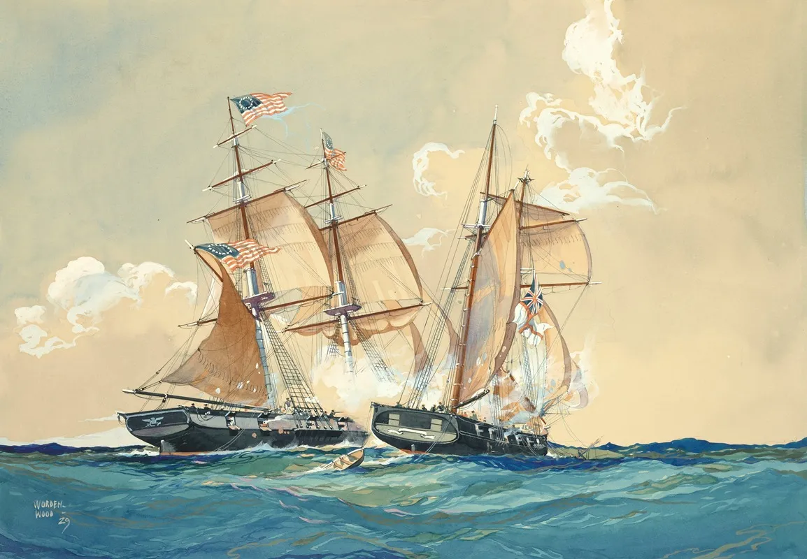 Action Between The U S S Brig Chasseur And British Schooner St Lawrence Feb 26 1815 Wall Art by Worden Wood - High-Resolution Digital Print