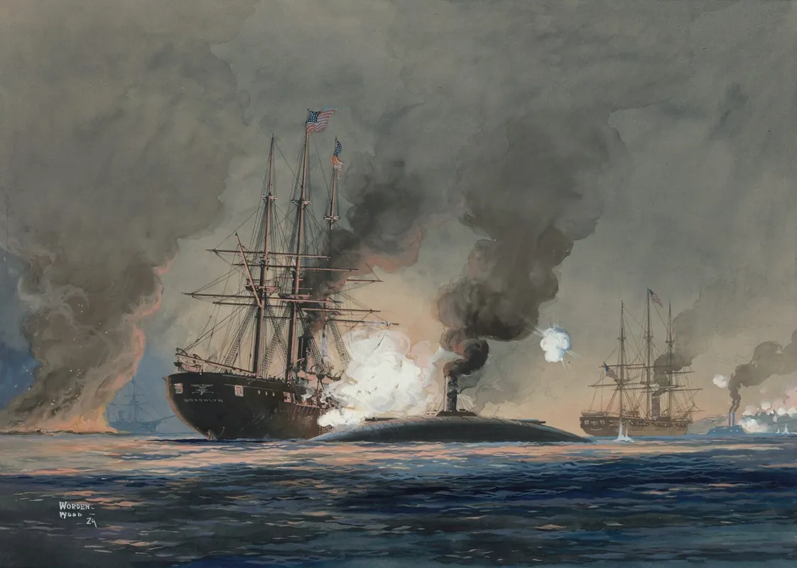 Action Between U S S Brooklyn And C S S Ram Manassas At Forts Jackson And St Philip Wall Art by Worden Wood - High-Resolution Digital Print