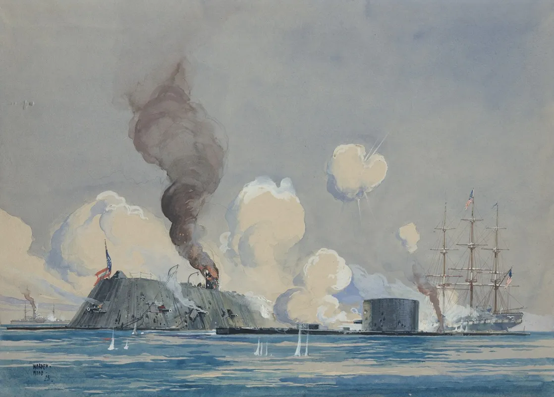 Action Between U S S Monitor And C S S Ram Merrimac In Hampton Roads Va Civil War Wall Art by Worden Wood - High-Resolution Digital Print