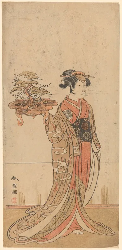 Actor Nakamura Matsuge Portraying A Young Woman Holding A Pot Containing A Dwarf Tree