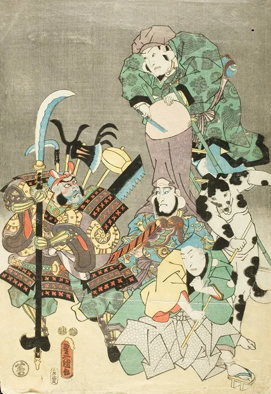 Actors As Ebisu Fukurokuju Benkei Fox And Hunter In The Style Of Otsu E Wall Art by Utagawa Kunisada (Toyokuni III) - High-Resolution Digital Print