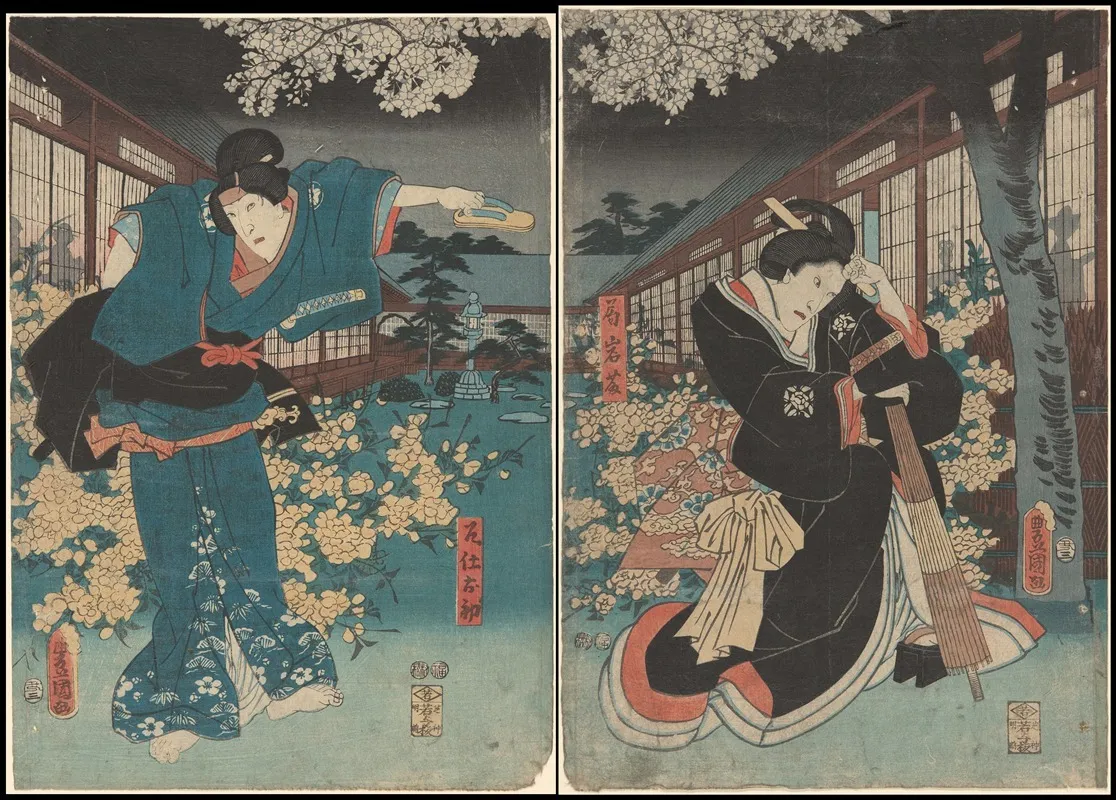 Actors In The Roles Of Ohatsu And Iwafuji Wall Art by Utagawa Kunisada (Toyokuni III) - High-Resolution Digital Print