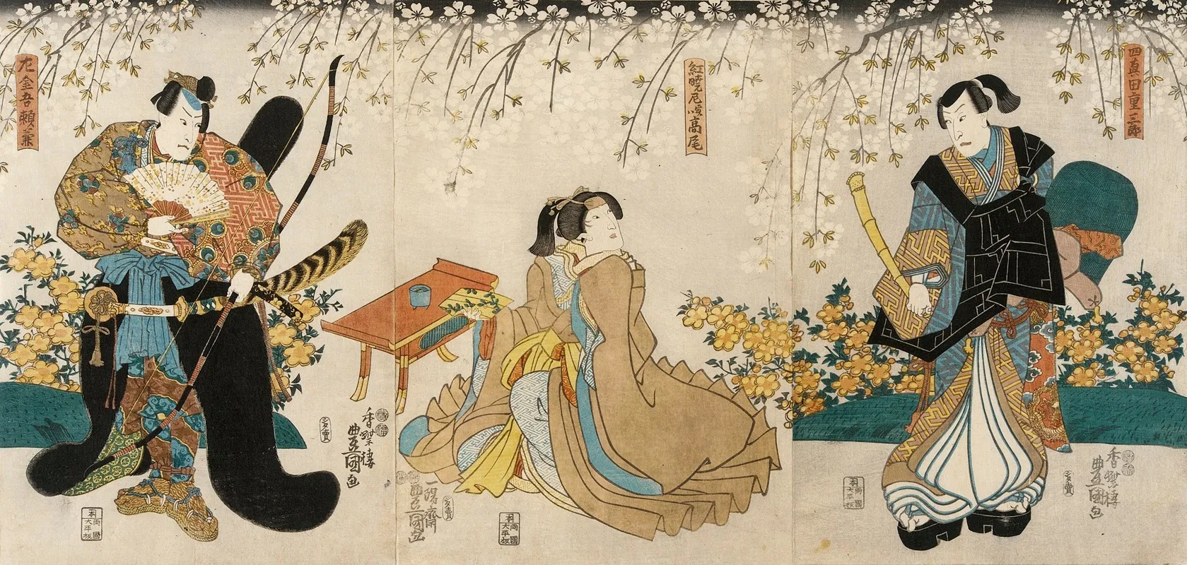 Actors In The Roles Of Shimada Shigesaburo Kugyo Ama Jitsuwa Takao And Sakingo Yorikane Under Cherry Blossoms Wall Art by Utagawa Kunisada (Toyokuni III) - High-Resolution Digital Print