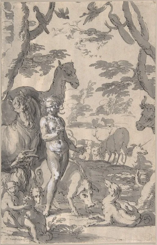Adam In The Garden Of Eden Naming The Animals Wall Art by Joachim Wtewael - High-Resolution Digital Print