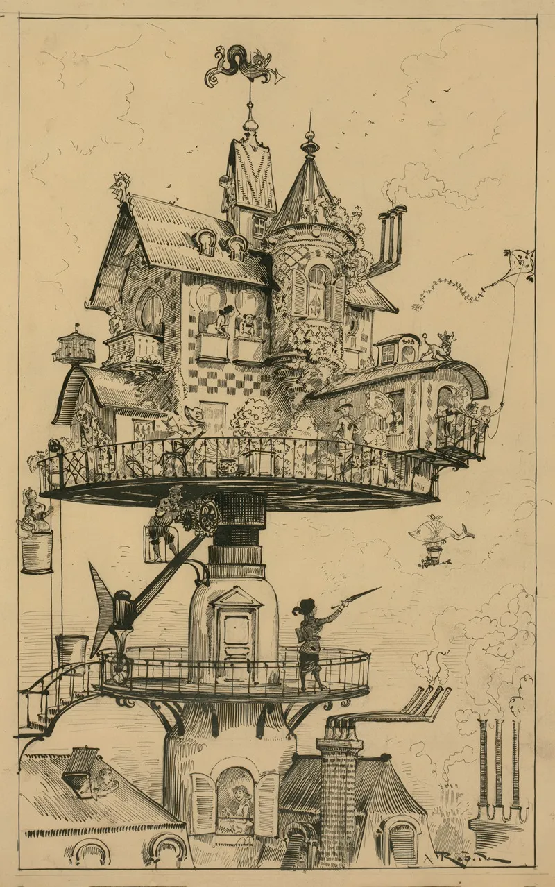 Aerial House Wall Art by Albert Robida - High-Resolution Digital Print
