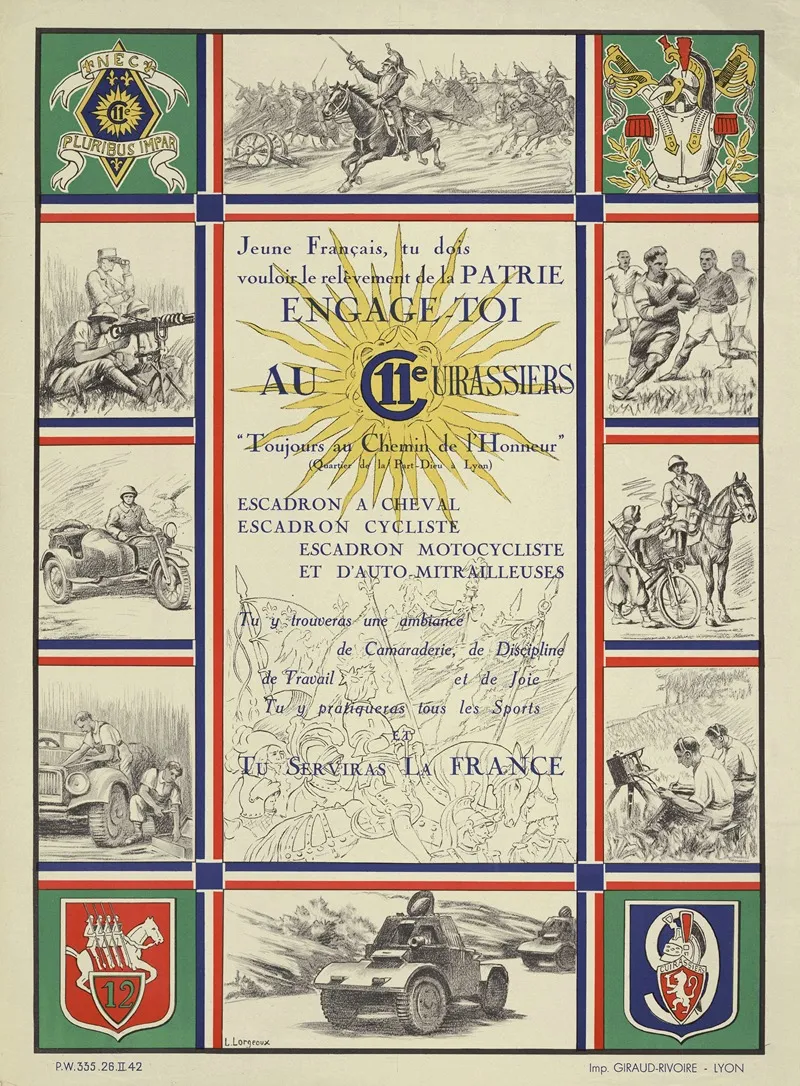 Affiche De Recrutement De Larmee De Vichy 11e Cuirassiers Wall Art by Imp. Giraud-Rivore - High-Resolution Digital Print