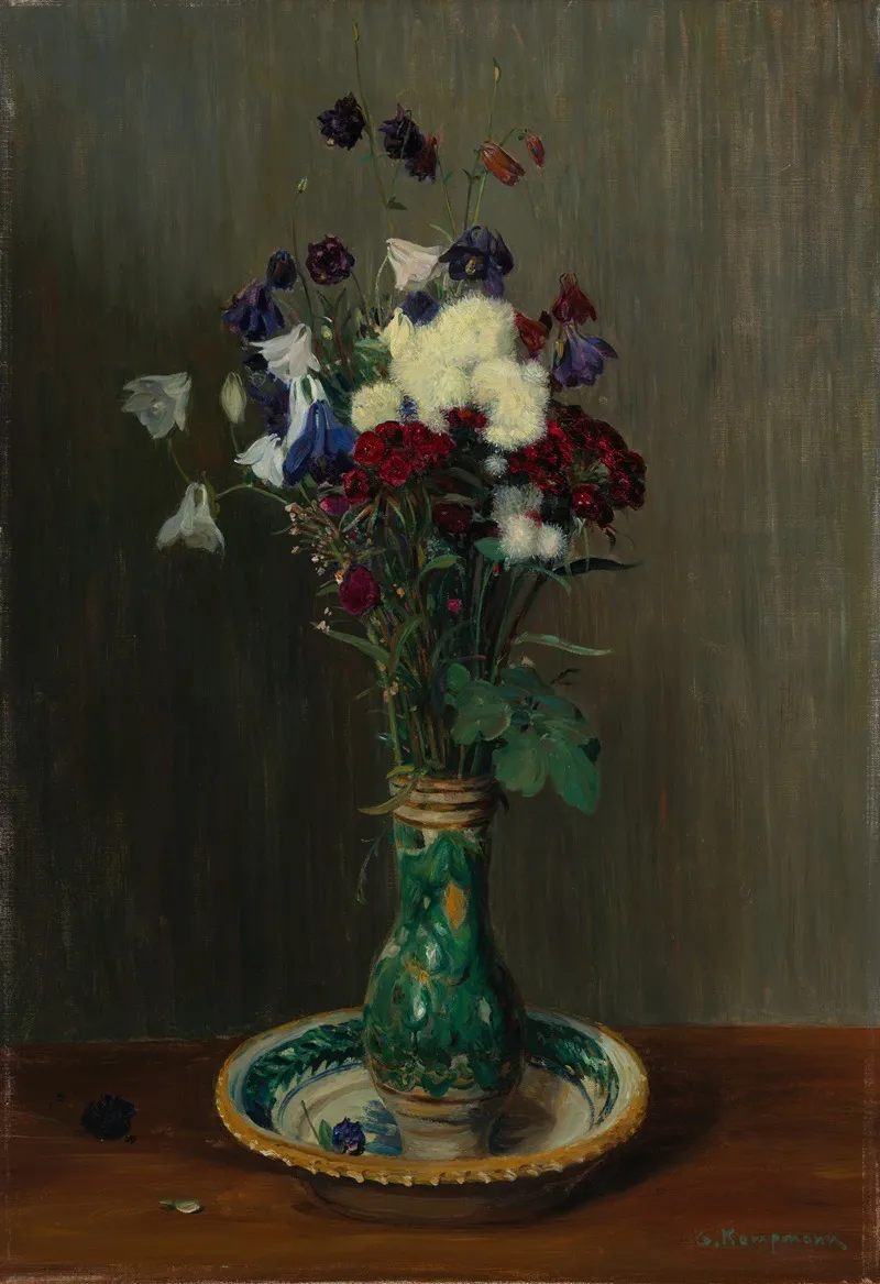 Akeleien Und Nelken In Gruner Vase Wall Art by Gustav Kampmann - High-Resolution Digital Print