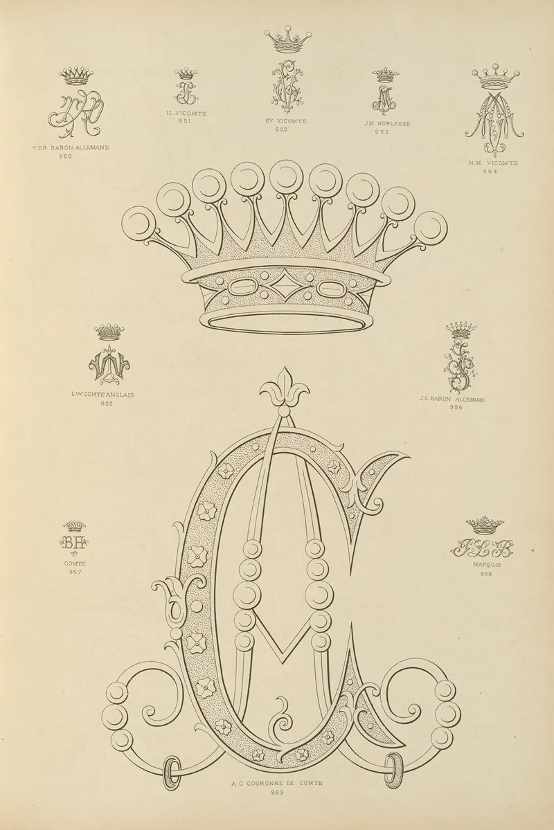 Album De Chiffres Monogrammes Couronnes De Noblesse Françaises Et Etrangeres Pl 087 Wall Art by Ch Crouvezier - High-Resolution Digital Print