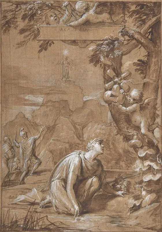 Allegorical Composition With A Young Man Kneeling Before A Tree Wall Art by Giovanni Angelo Canini - High-Resolution Digital Print