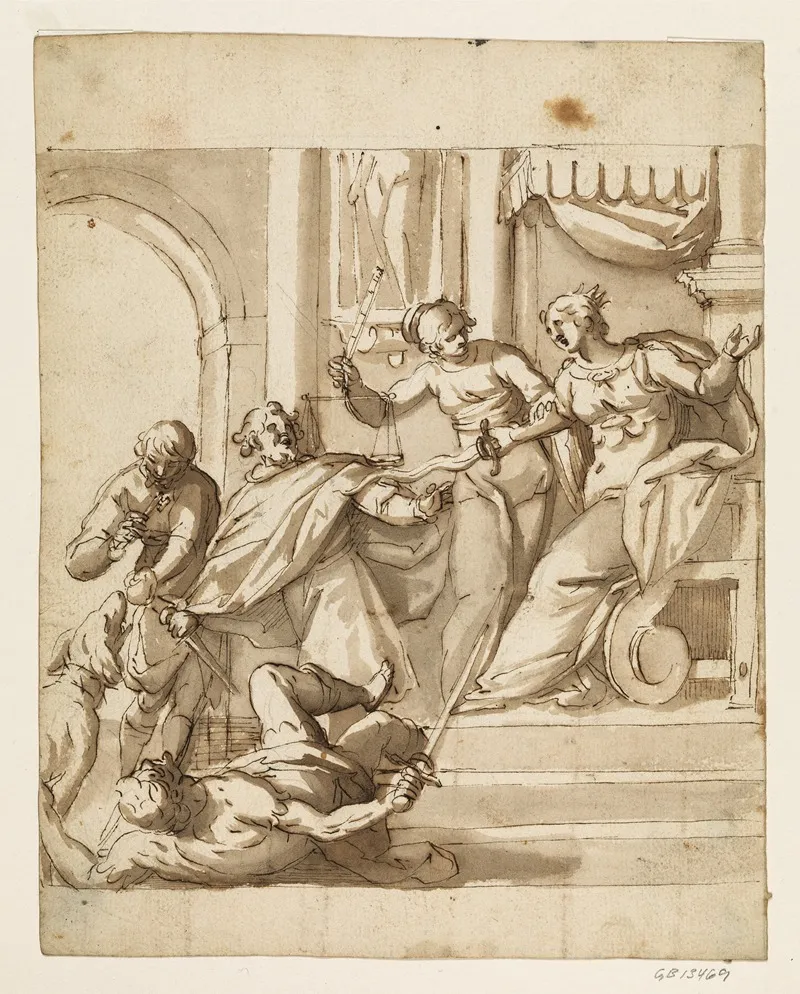 Allegorical Composition With Justice Restraining An Enthroned Queen Wall Art by Antonio Aliense - High-Resolution Digital Print