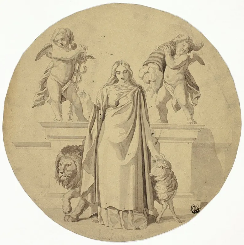 Allegorical Female Figure With Lion Lamb Two Putti Wall Art by Frederic Leighton - High-Resolution Digital Print