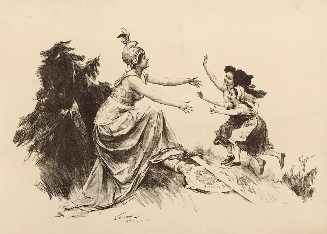 Allegorie Feminine Guerriere Pietinant Des Armes Allemandes Et Accueillant De Jeunes Enfants