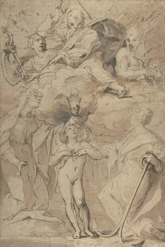 Allegory Of Religion God The Father Above Faith Hope And Charity Below Wall Art by Ludovico Lana - High-Resolution Digital Print