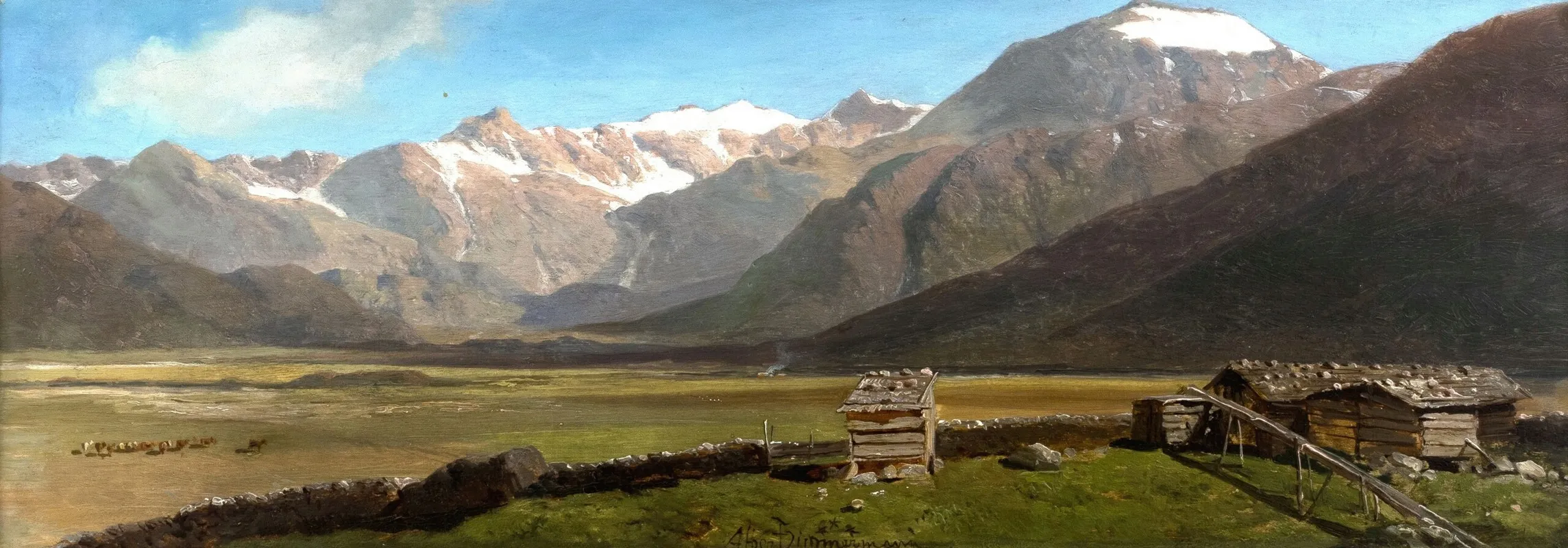 Almhutten Auf Einer Ebene Mit Gebirgskette