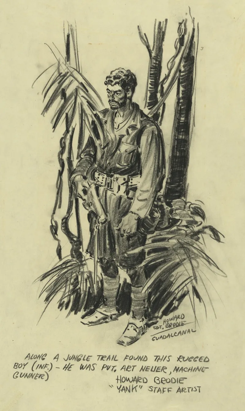 Along A Jungle Trail Found This Rugged Boy Inf He Was Pvt Art Neuer Machine Gunnder Wall Art by Howard Brodie - High-Resolution Digital Print