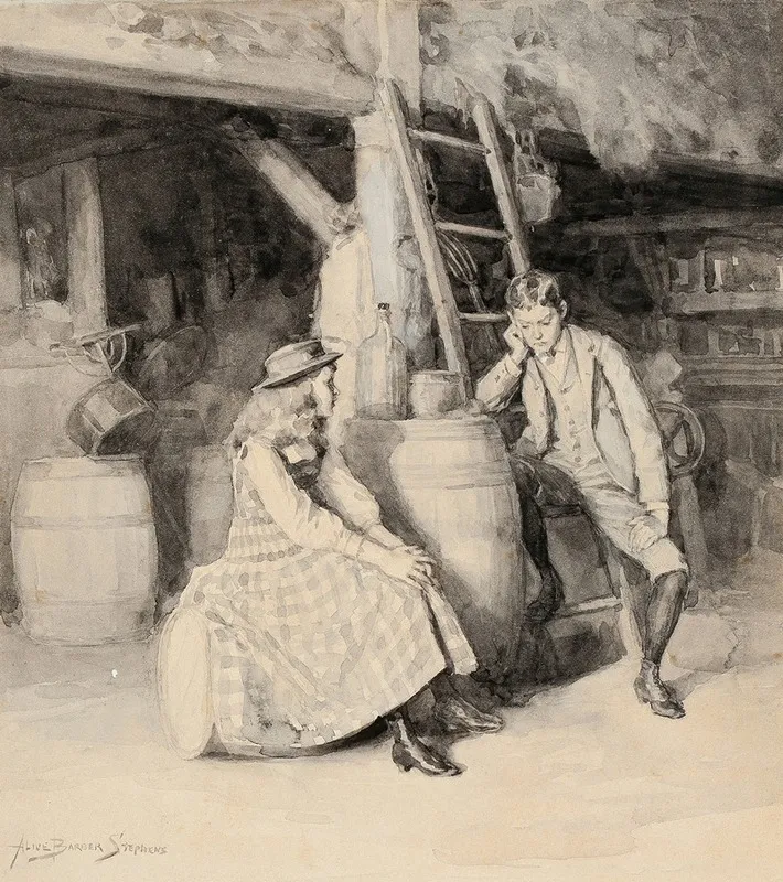 Alphonse And Cherry In The Barn Wall Art by Alice Barber Stephens - High-Resolution Digital Print