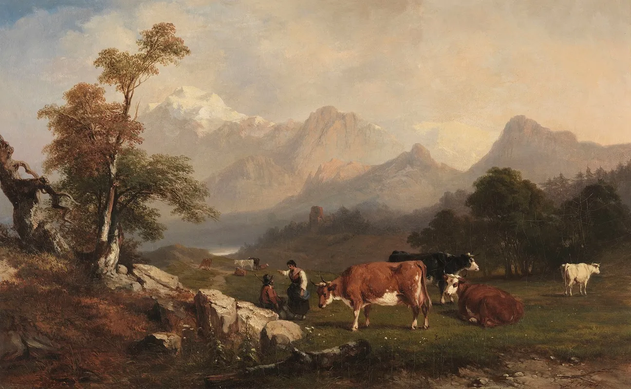 Alpine Scene With Cattle Herders