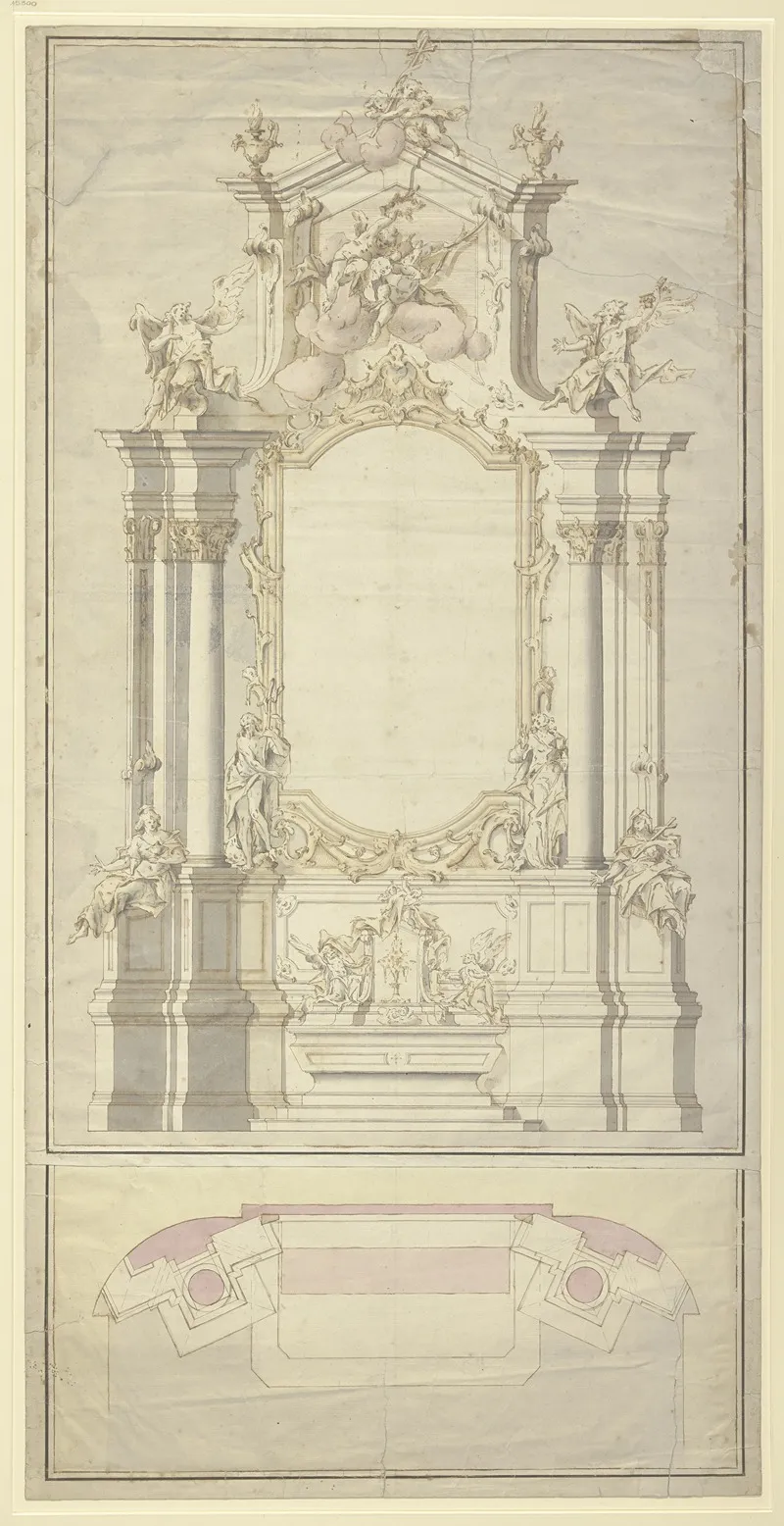 Altarentwurf Rechts Und Links Von Der Rahmung Fur Das Altarblatt Stehen Die Beiden Johannes Zu Fusen Der Saulen Rechts Und Links Sitzt Je Eine Allegorische Weibliche Gestalt Wall Art by Johann Baptist Straub - High-Resolution Digital Print