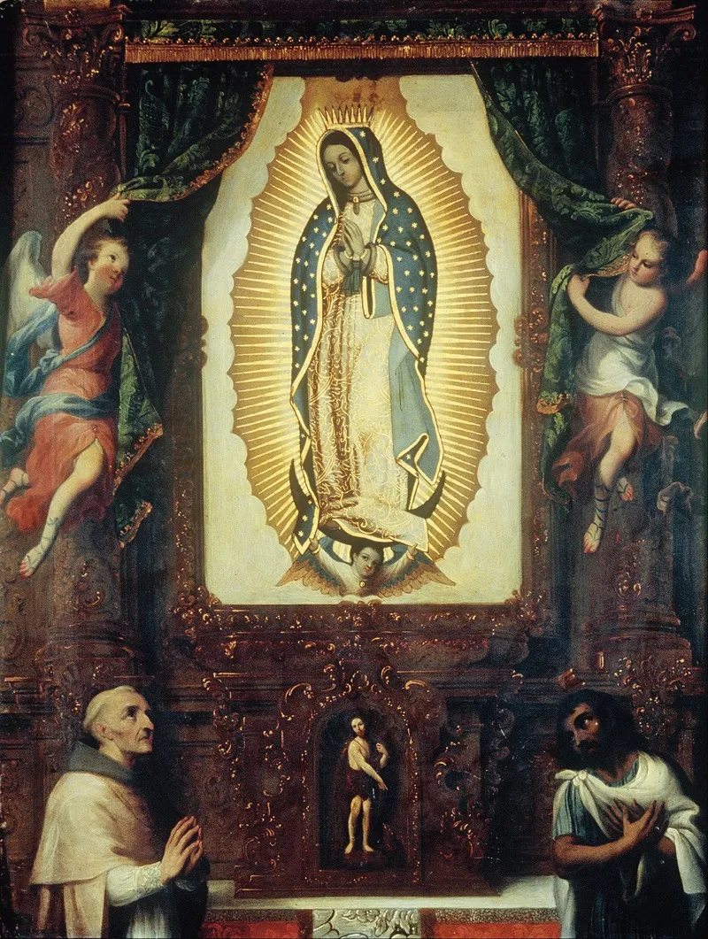 Altarpiece Of The Virgin Of Guadalupe With Saint John The Baptist Fray Juan De Zumarraga And Juan Diego Wall Art by Miguel Cabrera - High-Resolution Digital Print