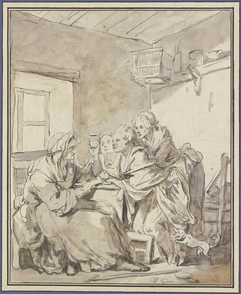 Alte Frau Drei Jungen Frauen Aus Einem Glase Wahrsagend Wall Art by Jean-Baptiste Greuze - High-Resolution Digital Print