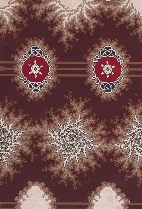 Alternating Horizontal Garlands Of Branches With Abstract Swirls And Rosettes Flanked By Stylized Leaves And Framed By An Interlaced Ornamental Motif