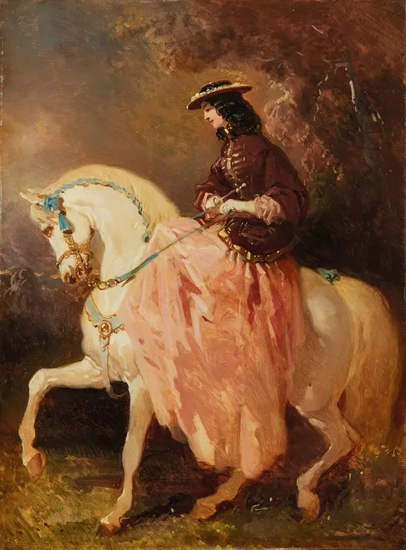 Amazone Au Petit Canotier Veste Rouge Jupe Rose Une Cravache Sur Un Cheval Gris Aux Rubans Bleus Wall Art by Alfred De Dreux - High-Resolution Digital Print