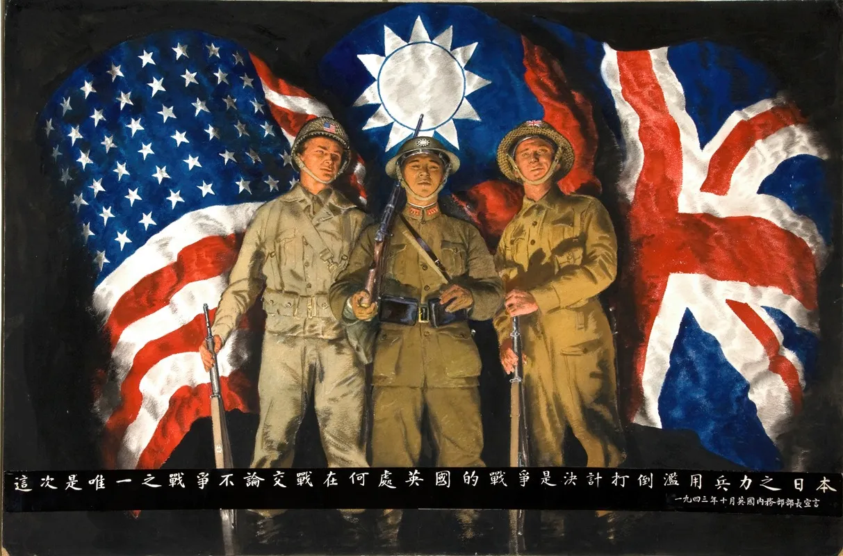 American Chinese And British Soldiers With Flags Of Their Countries