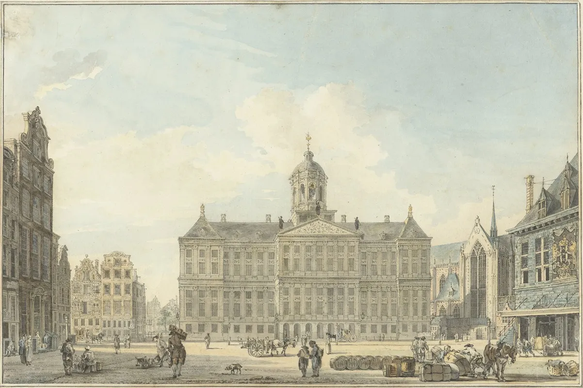 Amsterdam De Dam Met Het Stadhuis En De Waag