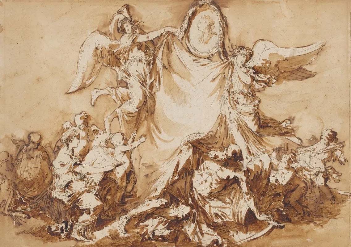 An Allegory Of The Arts Vanquishing Time Surmounted By A Medallion Portrait Of King Stanislaw August Of Poland As Patron Of The Arts Wall Art by André Jean Lebrun - High-Resolution Digital Print