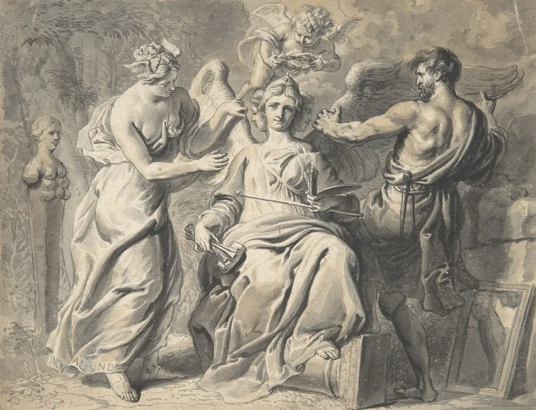 An Allegory Of The Arts With Isis And Geometry Attending The Three Headed Figure Of Painting And Sculpture A Putto Crowning Her With Laurels Wall Art by Erasmus Quellinus - High-Resolution Digital Print