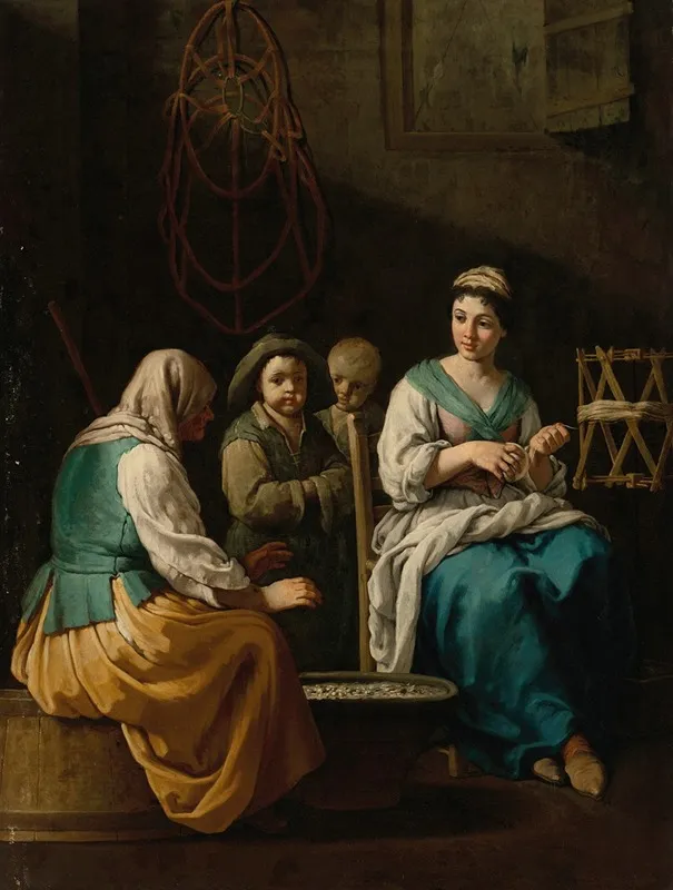 An Allegory Of Winter With A Young Woman Spinning In An Interior And An Old Woman And Children Warming Themselves Over A Brazier Wall Art by Giuseppe Gambarini - High-Resolution Digital Print