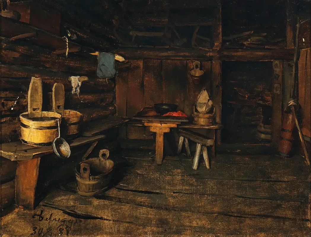 An Alpine Hut Interior Wall Art by Franz von Defregger - High-Resolution Digital Print
