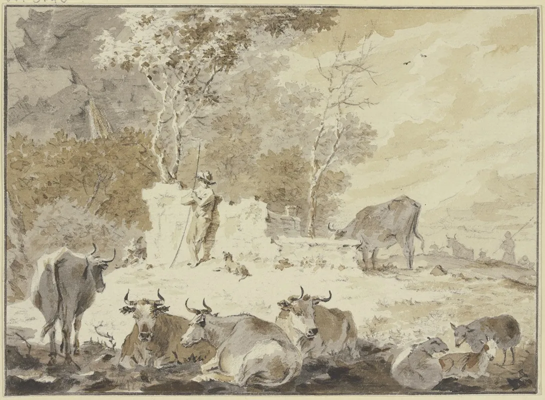 An Altem Gemauer Steht Links Ein Hirte Mit Seinem Hund Umgeben Von Verschiedenem Vieh Wall Art by Cornelis van Noorde - High-Resolution Digital Print