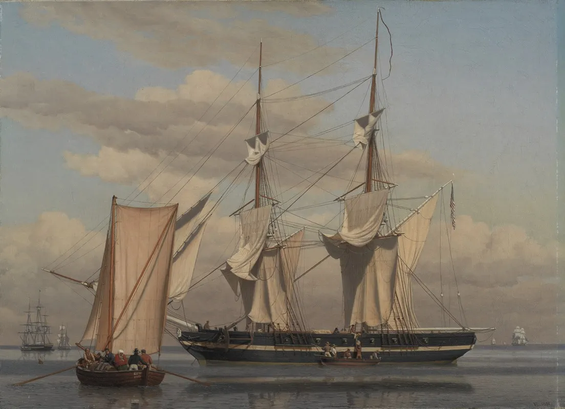 An American Naval Brig Lying At Anchor While Her Sails Are Drying Wall Art by Christoffer Wilhelm Eckersberg - Canvas Print