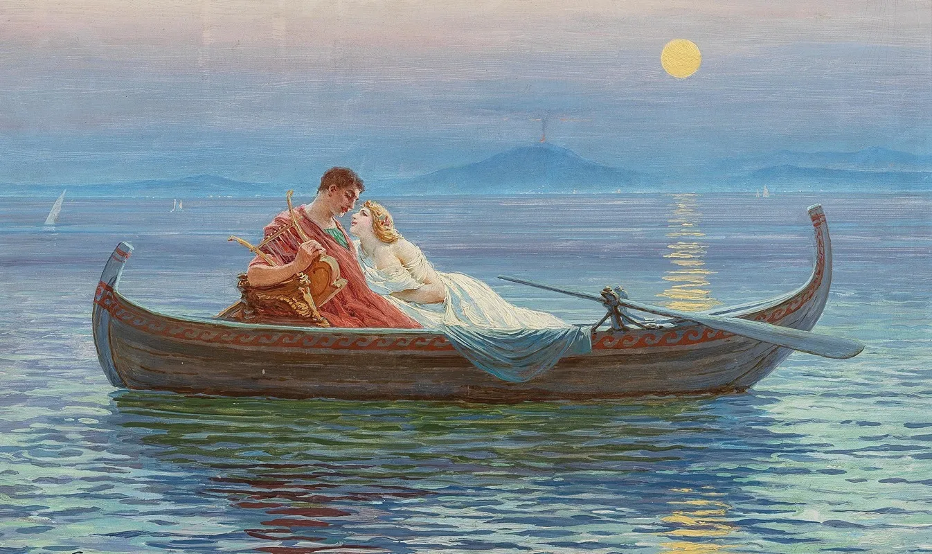 An Amorous Couple In Moonlight Wall Art by Karl Liebscher - High-Resolution Digital Print