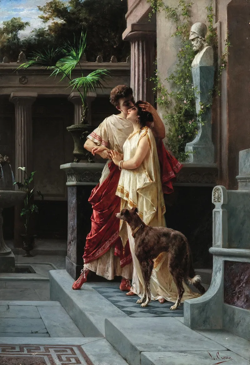 An Amorous Couple With A Borzoi Under A Statue Of Pericles Wall Art by Luigi Crosio - High-Resolution Digital Print