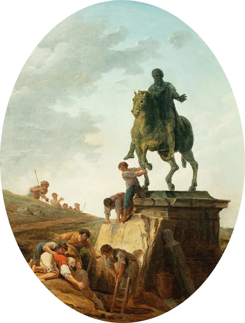 An Animated Landscape With The Statue Of Marcus Aurelius Wall Art by Hubert Robert - High-Resolution Digital Print