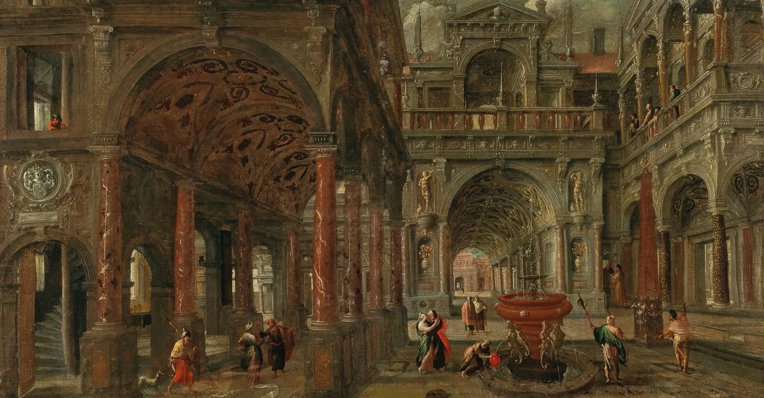 An Architectural Capriccio With A View Of An Imaginary Classical Palace And Elegant Figures Wall Art by Paul Vredeman de Vries - High-Resolution Digital Print